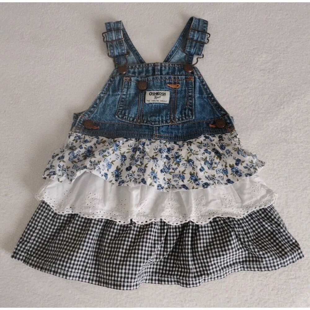 Oshkosh Denim Floral Gingham Eyelet Dress Girls 18 Mos Tiered Ruffle Vestbak